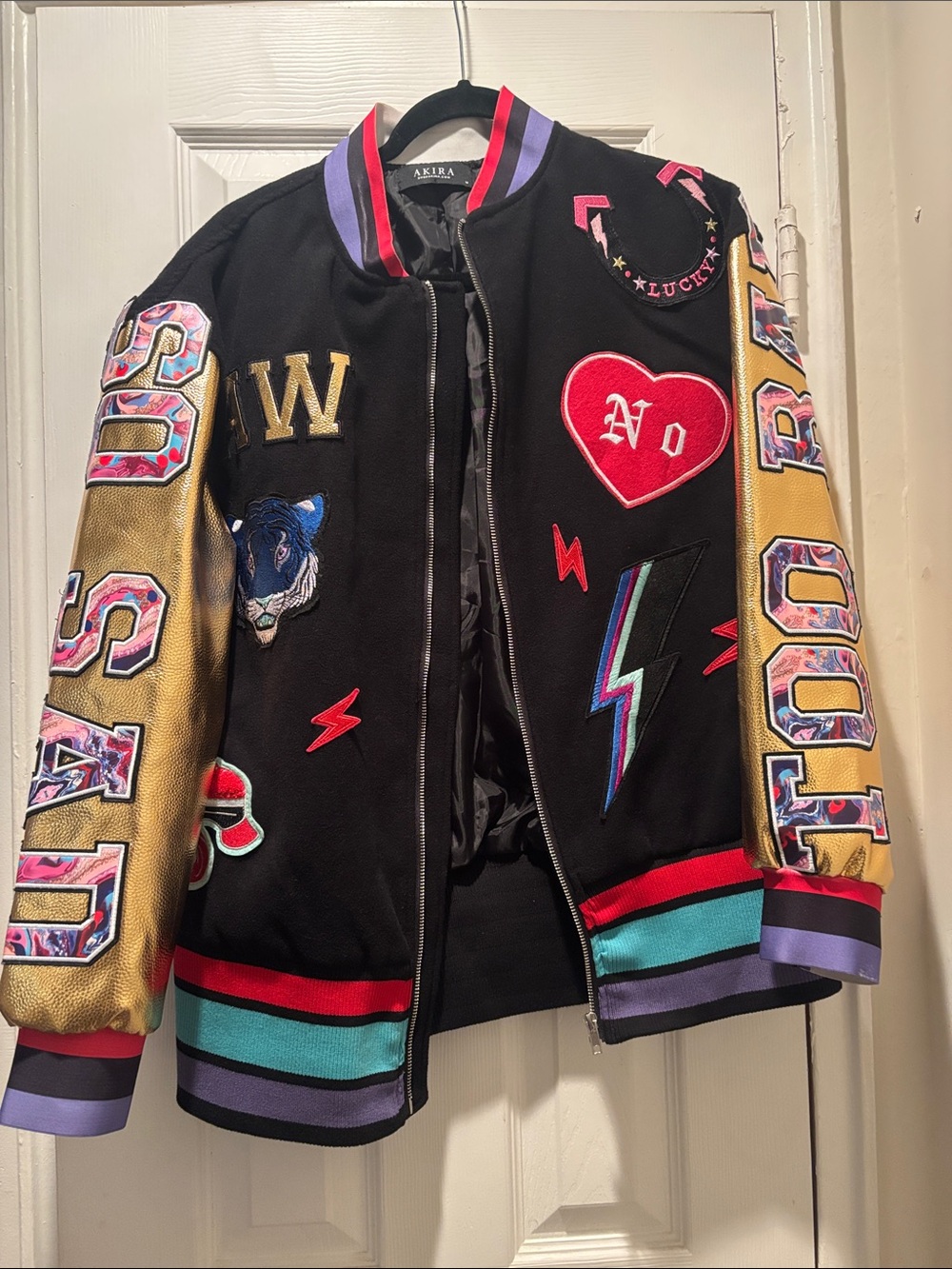 AKIRA Black & Gold Embellished Varsity Bomber Jacket